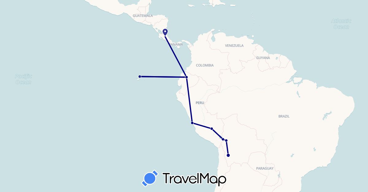 TravelMap itinerary: driving in Bolivia, Costa Rica, Ecuador, Peru (North America, South America)